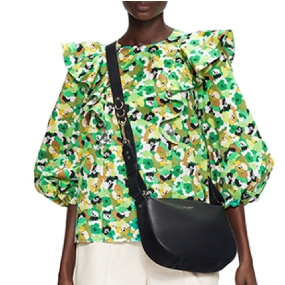 Ted Baker Green Floral Cotton Sateen Blouse With Ruffle Size 5 XL